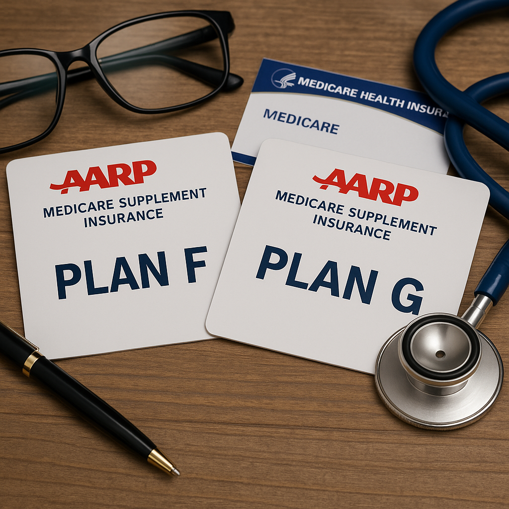 Older couple reviewing Medicare Supplement Plan G and Plan F documents at their kitchen table