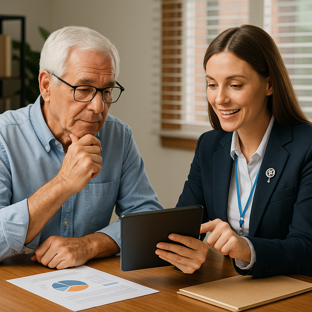 Licensed Medicare agent reviewing plan options on a tablet with a senior client