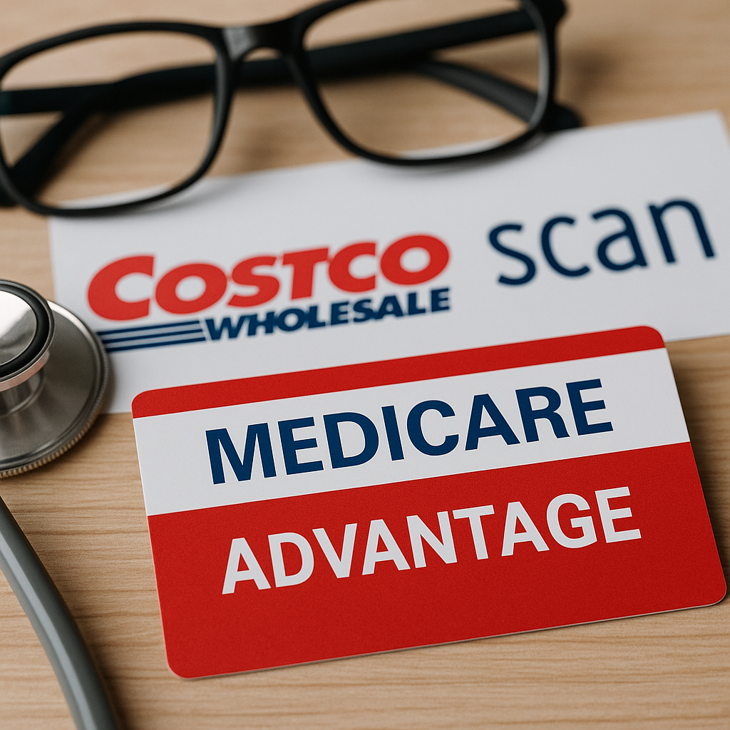 Senior couple reviewing Medicare plan paperwork together at home