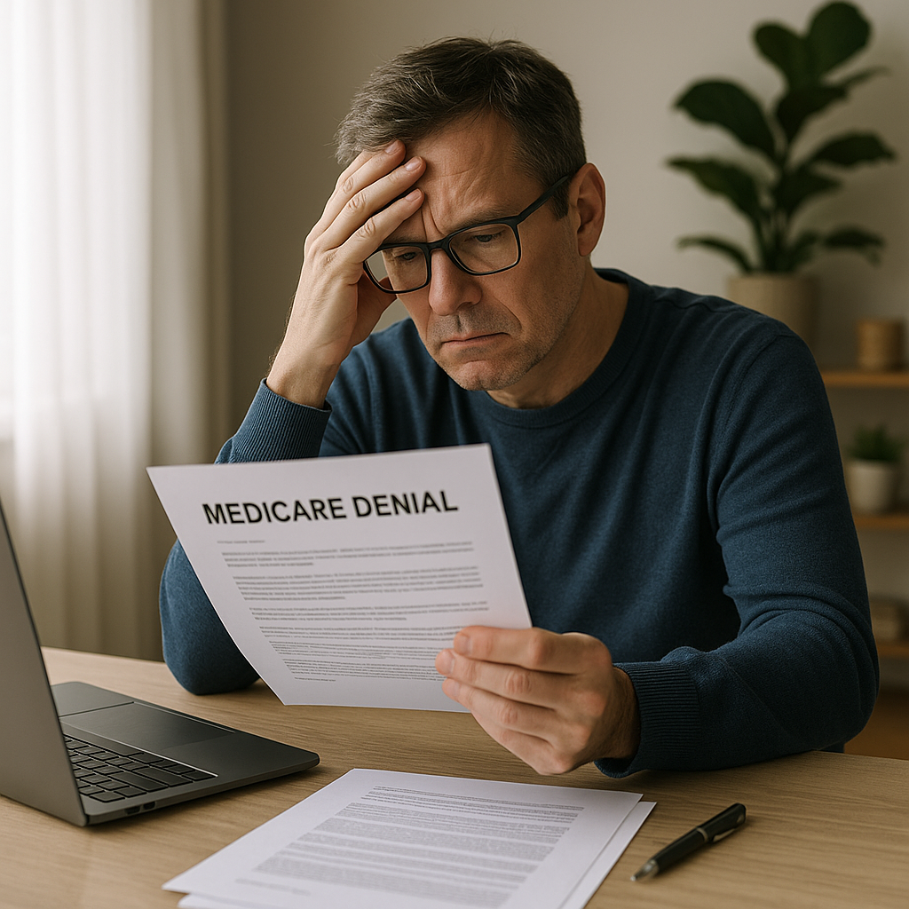Concerned man at a desk reading a letter labeled Medicare Denial