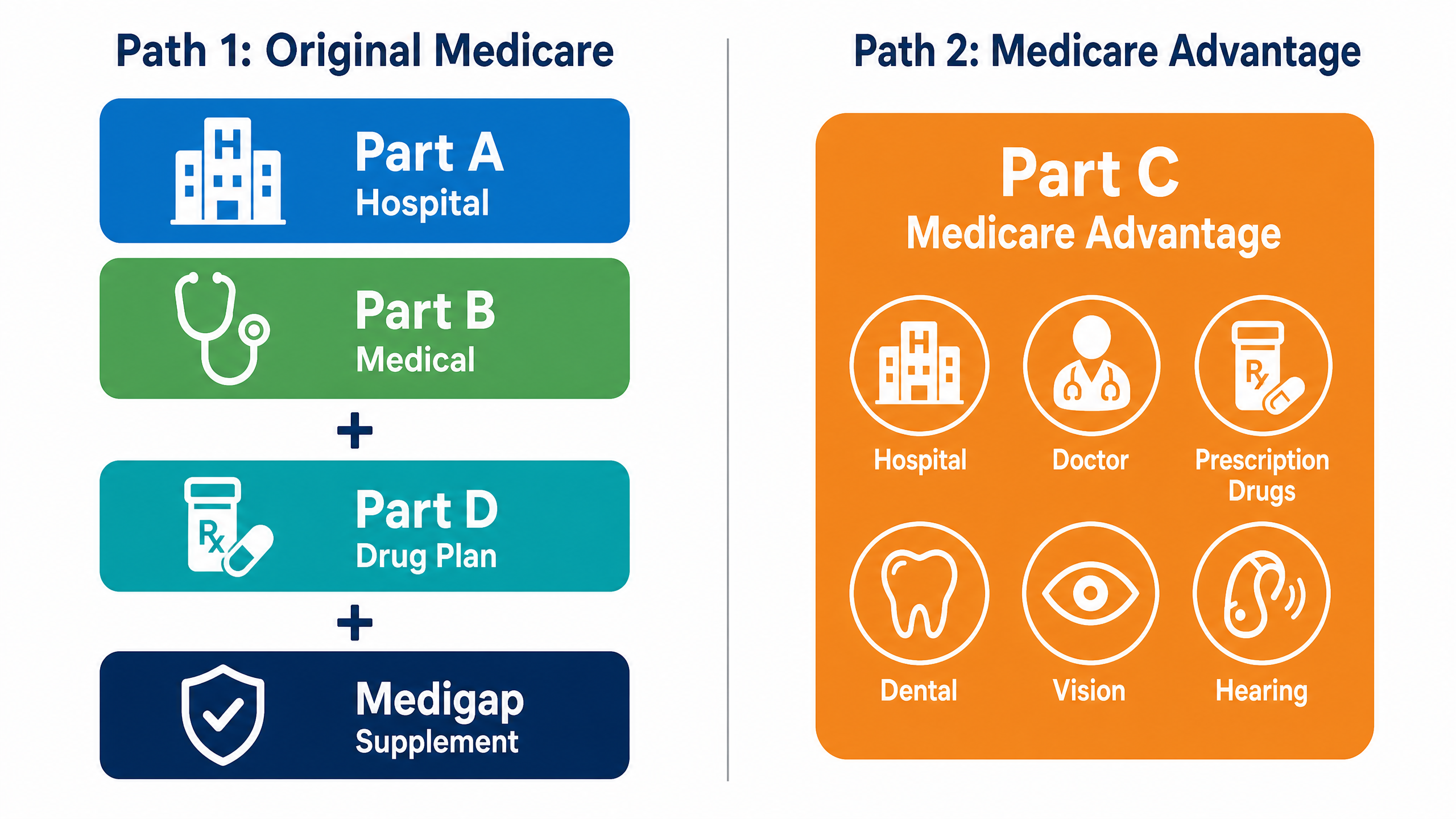 Diagram showing two Medicare coverage paths: Path 1 Original Medicare with Part D and Medigap, and Path 2 Medicare Advantage