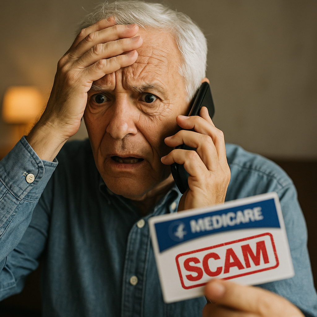Alarmed senior man on the phone holding a card that reads Medicare Scam