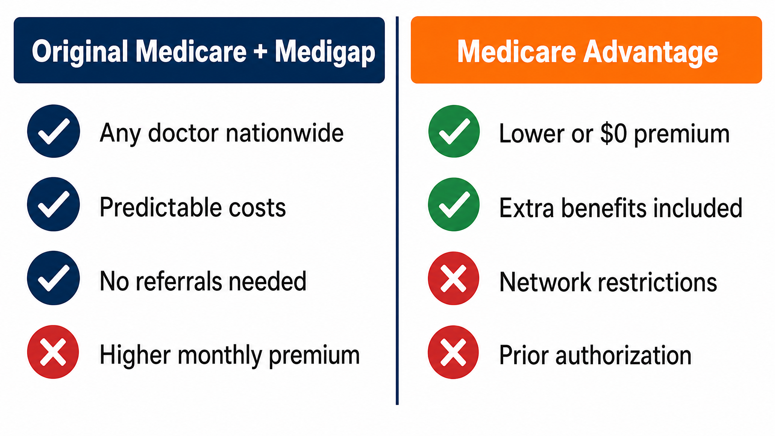 Side-by-side comparison graphic showing pros and cons of Original Medicare plus Medigap versus Medicare Advantage