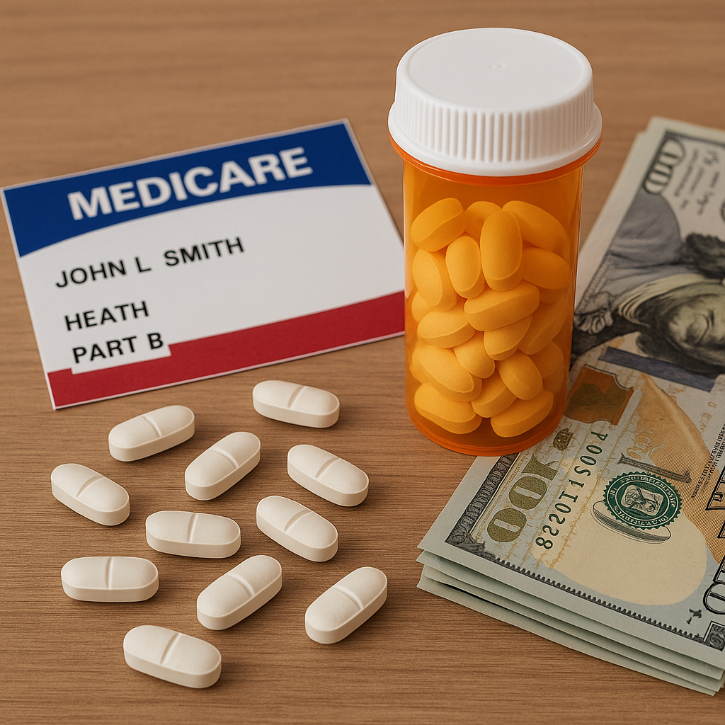 Medicare card, prescription pills, and cash representing savings from Medicare drug price negotiation