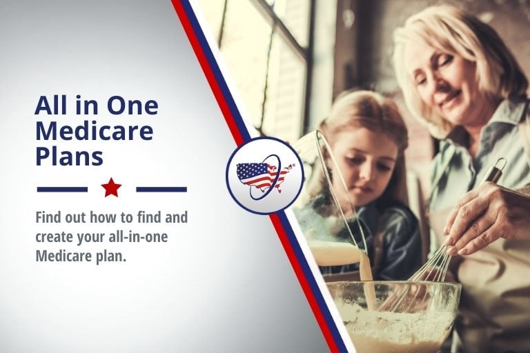 All in One Medicare Plans|Medicare Advantage Plans are commonly known as All-in-One plans|Medicare Part C - Medicare Advantage Plans - four different colored circles representing the included benefits of Medicare Advantage.
