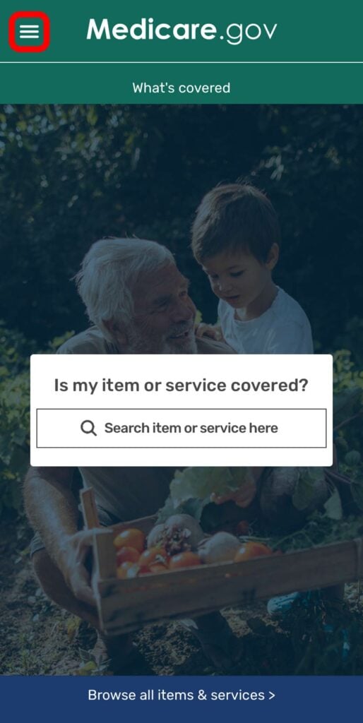Medicare What's Covered App Search Bar and Hamburger Menu
