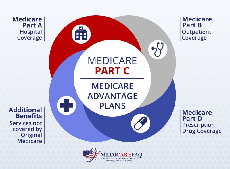 Medicare Part C - Medicare Advantage Plans - four different colored circles representing the included benefits of Medicare Advantage. 